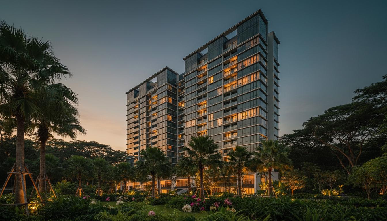 Thomson Reserve condominium exterior at dusk showing modern glass facade with warm interior lighting and lush tropical landscaping