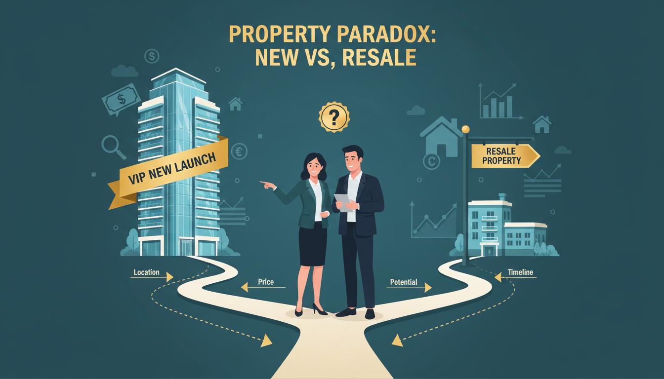 Property buyer decision guide illustration showing new launch vs resale condominium comparison with financial factors