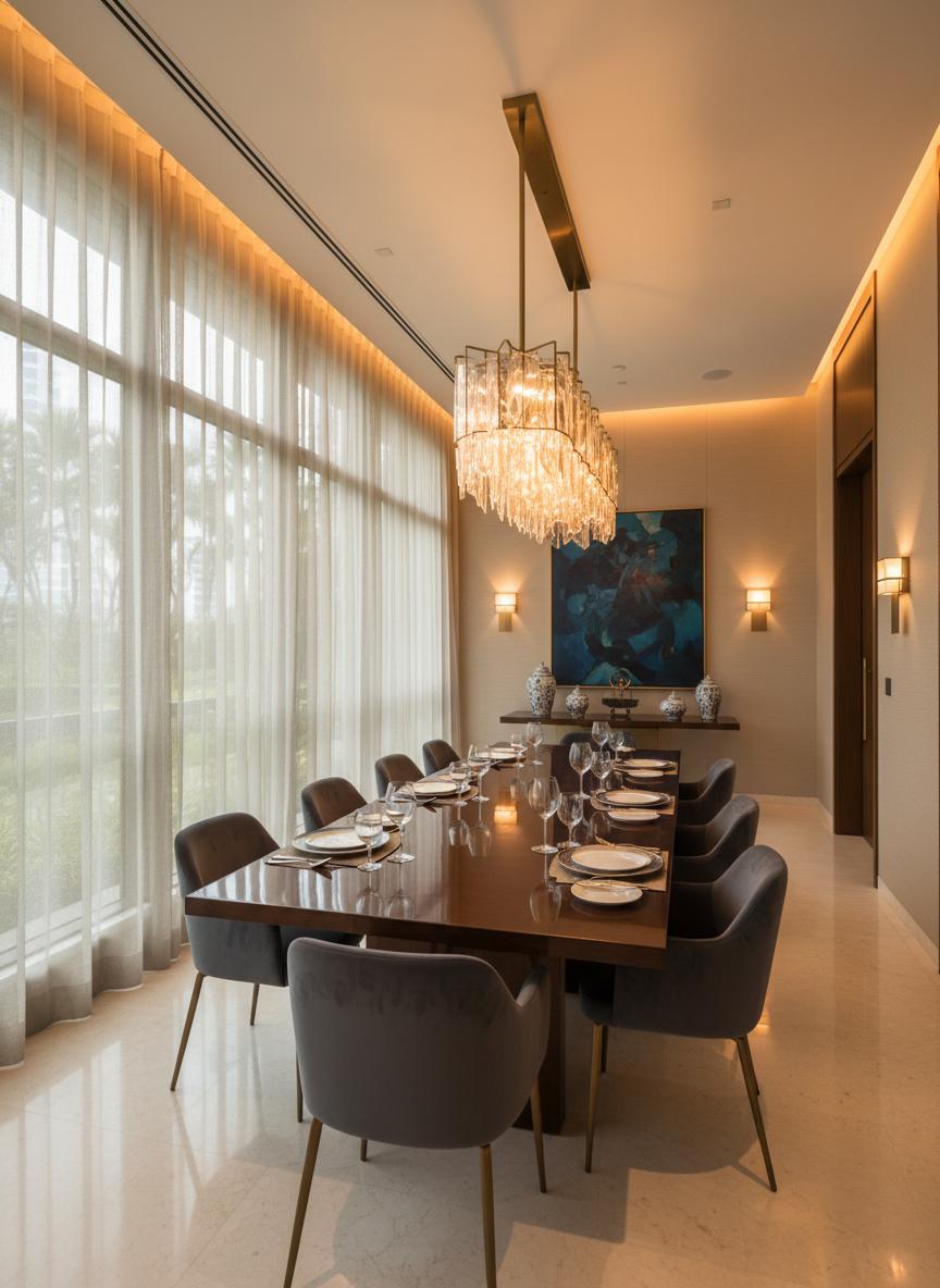 Elegant private dining room with long table, chandelier, and floor-to-ceiling windows