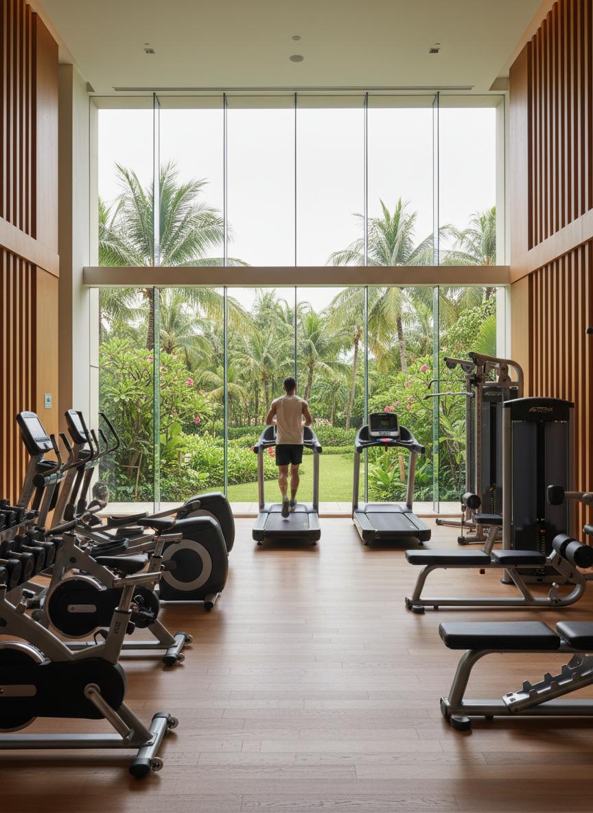 Modern fitness centre with premium equipment overlooking a lush tropical garden