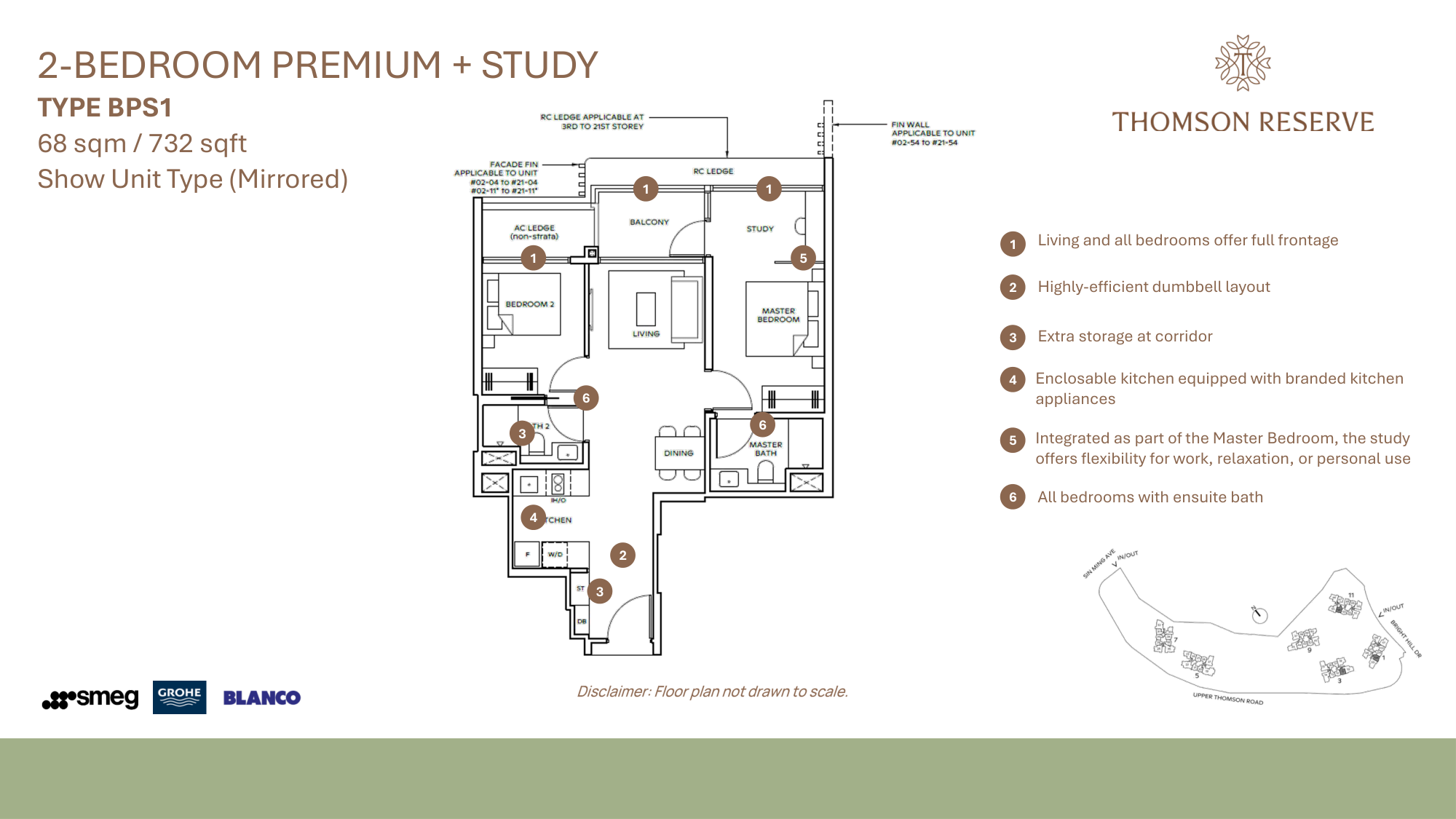 Thomson Reserve 2-Bedroom Premium + Study Type BPS1 Floor Plan (68 sqm / 732 sqft) Show Unit Layout with Smeg Appliances