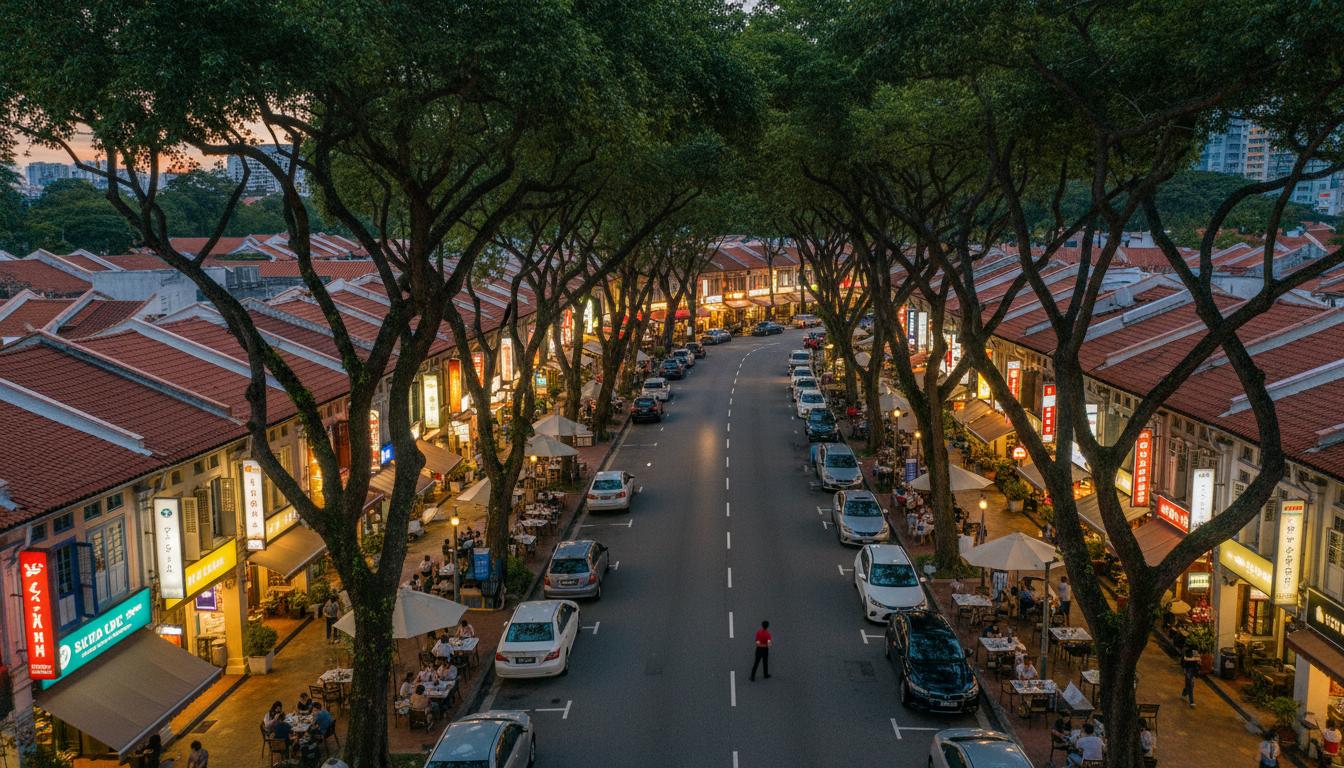 Upper Thomson shophouse dining street at dusk with outdoor seating and warm lighting