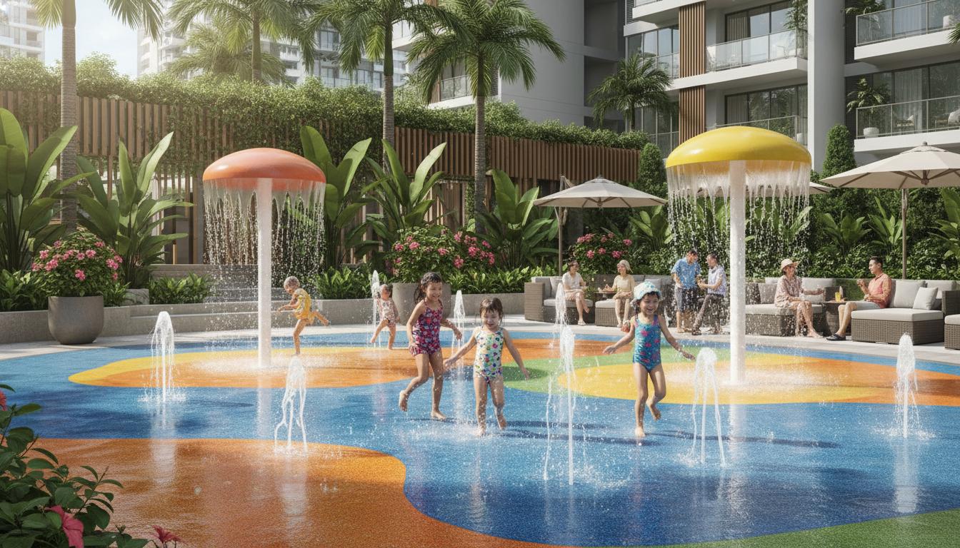 Colourful condominium water playground with children playing and parents watching