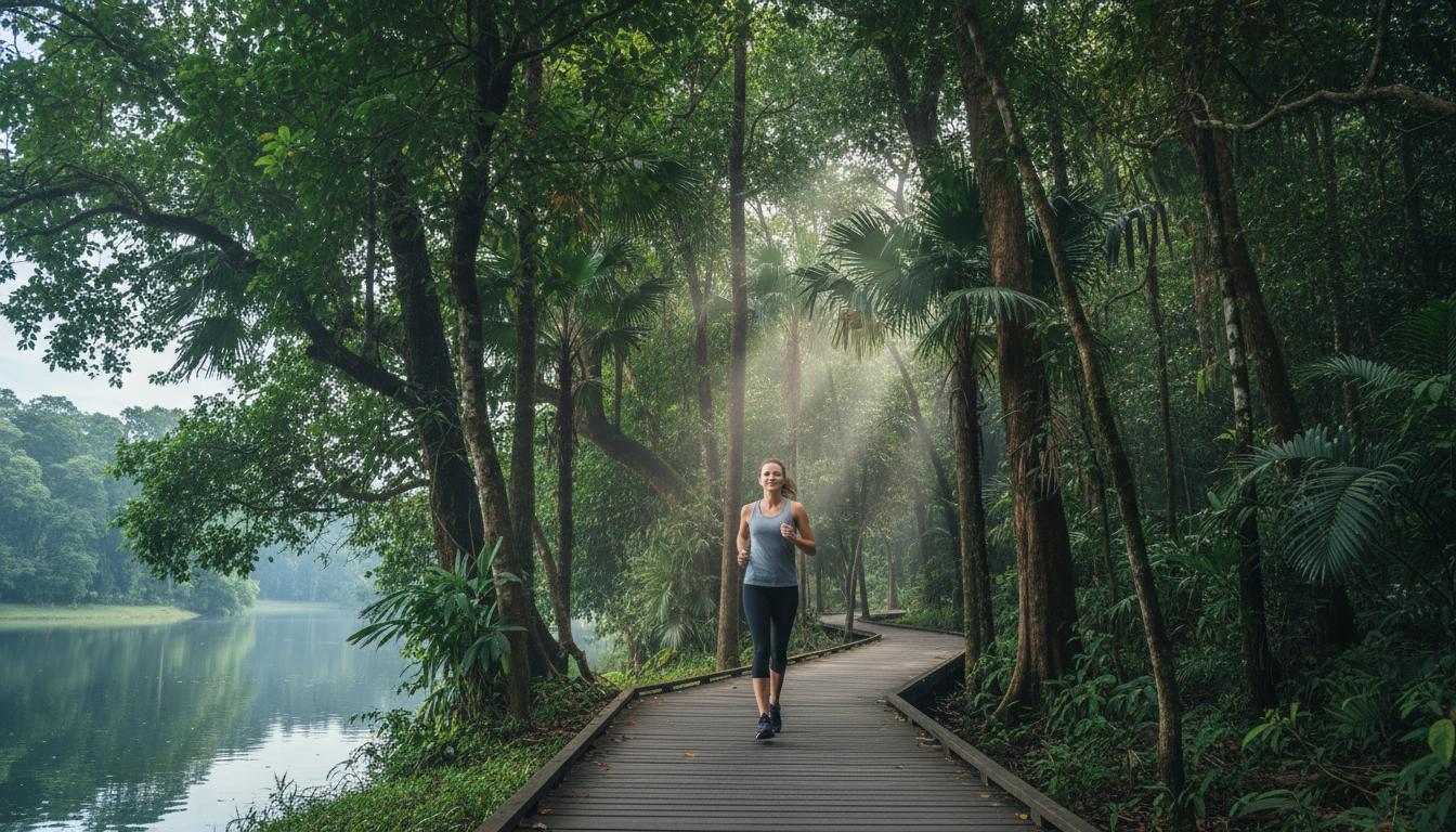Serene boardwalk through lush tropical landscaping within the condominium grounds
