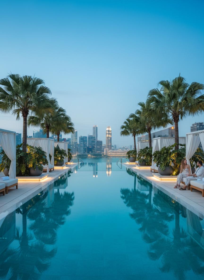 Rooftop infinity pool at blue hour with turquoise water and city lights in the distance
