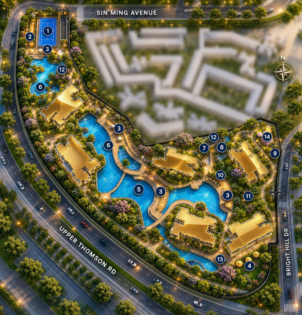 Thomson Reserve official site plan aerial view showing residential blocks, swimming pools, and facilities surrounded by Upper Thomson Road, Sin Ming Avenue, and Bright Hill Drive